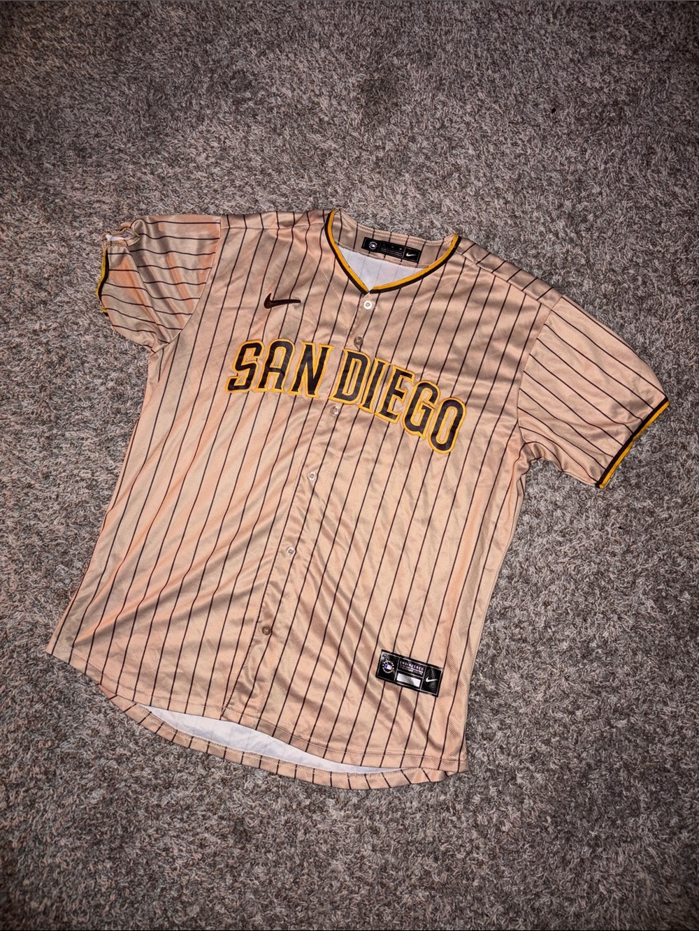 Nike San Diego Pinstripe Baseball Jersey - Tan with Black & Yellow Trim
